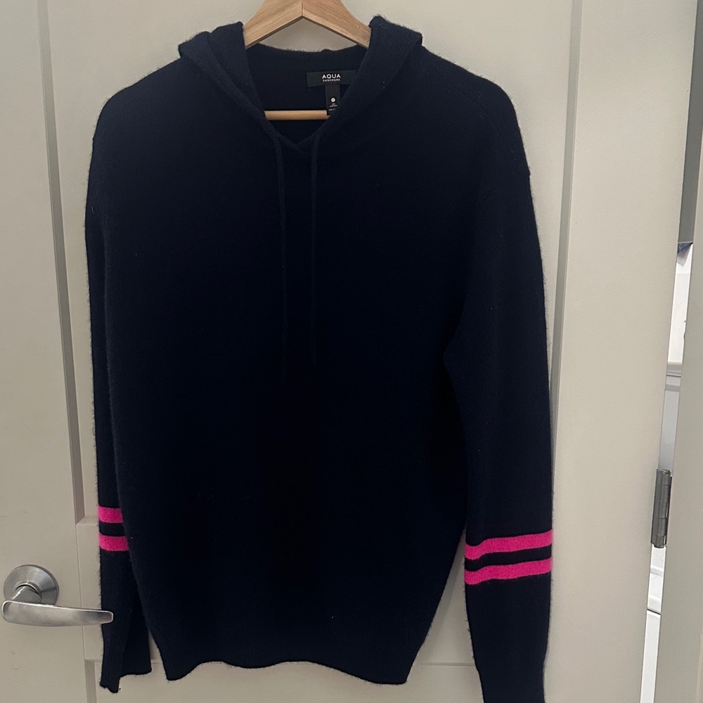 Aqua Cashmere Navy Blue Sweater with Pink Stripes